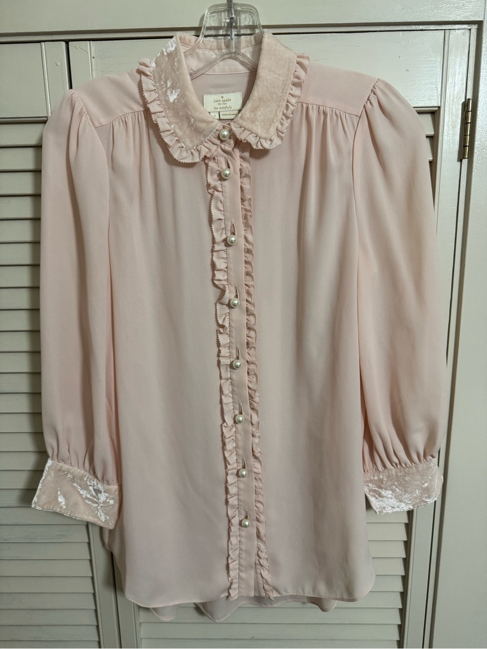 Kate Spade Pale Blush Velvet-Trim Ruffle Pearl button down Blouse